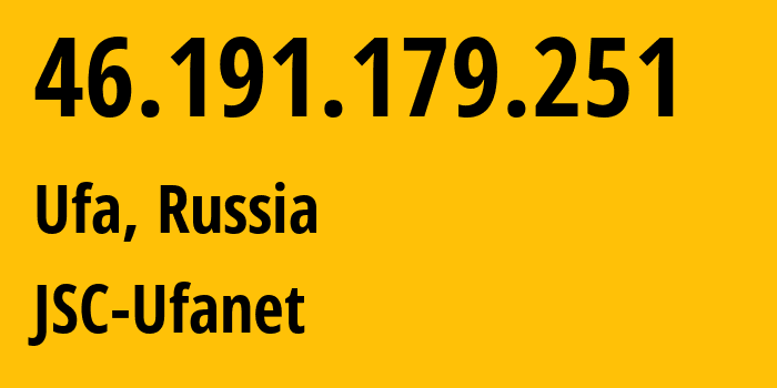 IP address 46.191.179.251 (Ufa, Bashkortostan Republic, Russia) get location, coordinates on map, ISP provider AS24955 JSC-Ufanet // who is provider of ip address 46.191.179.251, whose IP address