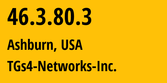 IP address 46.3.80.3 (Ashburn, Virginia, USA) get location, coordinates on map, ISP provider AS54197 TGs4-Networks-Inc. // who is provider of ip address 46.3.80.3, whose IP address