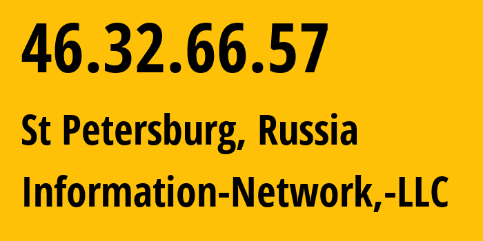 IP address 46.32.66.57 (Lomonosov, St.-Petersburg, Russia) get location, coordinates on map, ISP provider AS48416 Information-Network,-LLC // who is provider of ip address 46.32.66.57, whose IP address