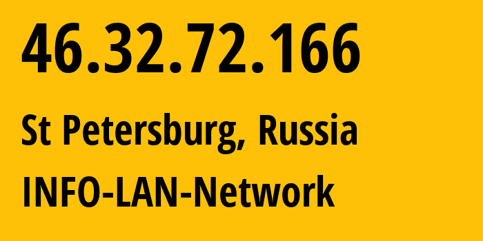 IP address 46.32.72.166 (Petergof, St.-Petersburg, Russia) get location, coordinates on map, ISP provider AS48416 INFO-LAN-Network // who is provider of ip address 46.32.72.166, whose IP address