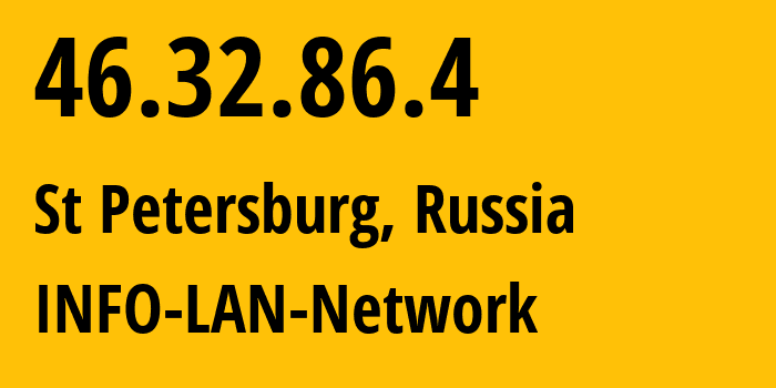 IP-адрес 46.32.86.4 (Санкт-Петербург, Санкт-Петербург, Россия) определить местоположение, координаты на карте, ISP провайдер AS48416 INFO-LAN-Network // кто провайдер айпи-адреса 46.32.86.4