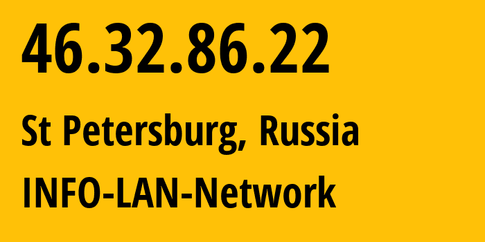 IP address 46.32.86.22 (St Petersburg, St.-Petersburg, Russia) get location, coordinates on map, ISP provider AS48416 INFO-LAN-Network // who is provider of ip address 46.32.86.22, whose IP address