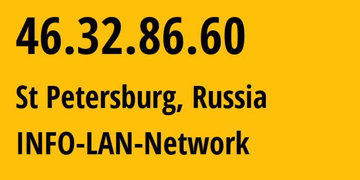 IP address 46.32.86.60 (St Petersburg, St.-Petersburg, Russia) get location, coordinates on map, ISP provider AS48416 INFO-LAN-Network // who is provider of ip address 46.32.86.60, whose IP address