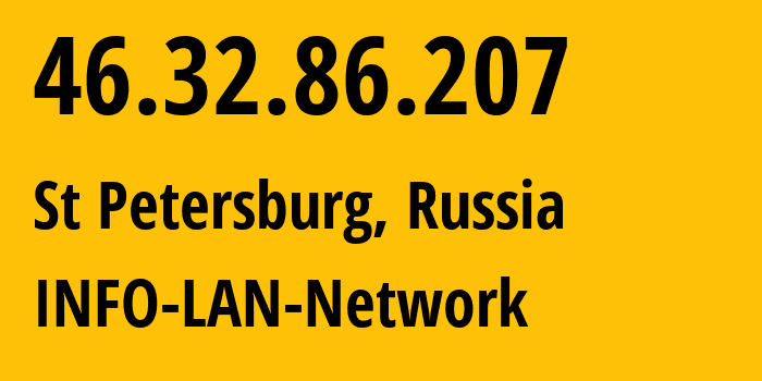 IP-адрес 46.32.86.207 (Санкт-Петербург, Санкт-Петербург, Россия) определить местоположение, координаты на карте, ISP провайдер AS48416 INFO-LAN-Network // кто провайдер айпи-адреса 46.32.86.207