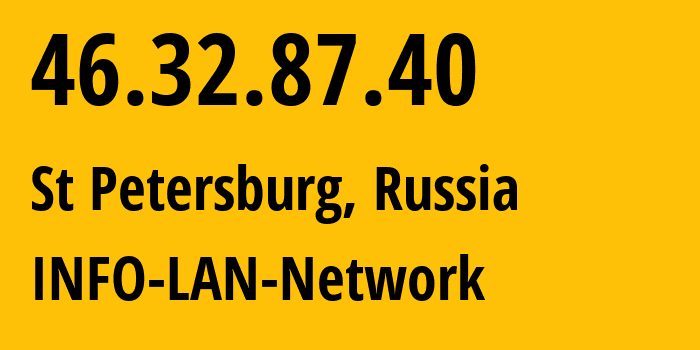 IP-адрес 46.32.87.40 (Санкт-Петербург, Санкт-Петербург, Россия) определить местоположение, координаты на карте, ISP провайдер AS48416 INFO-LAN-Network // кто провайдер айпи-адреса 46.32.87.40