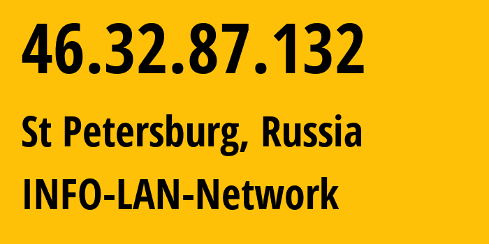 IP-адрес 46.32.87.132 (Санкт-Петербург, Санкт-Петербург, Россия) определить местоположение, координаты на карте, ISP провайдер AS48416 INFO-LAN-Network // кто провайдер айпи-адреса 46.32.87.132