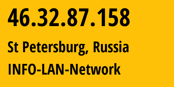 IP-адрес 46.32.87.158 (Санкт-Петербург, Санкт-Петербург, Россия) определить местоположение, координаты на карте, ISP провайдер AS48416 INFO-LAN-Network // кто провайдер айпи-адреса 46.32.87.158