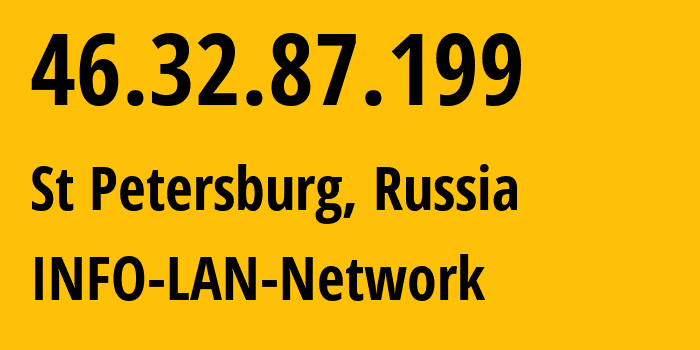 IP address 46.32.87.199 (St Petersburg, St.-Petersburg, Russia) get location, coordinates on map, ISP provider AS48416 INFO-LAN-Network // who is provider of ip address 46.32.87.199, whose IP address