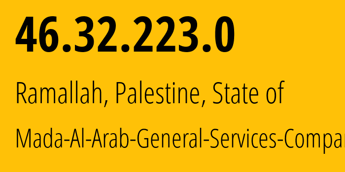IP-адрес 46.32.223.0 (Рамалла, Ramallah and al-Bireh Governorate, Палестинские территории) определить местоположение, координаты на карте, ISP провайдер AS51407 Mada-Al-Arab-General-Services-Company // кто провайдер айпи-адреса 46.32.223.0
