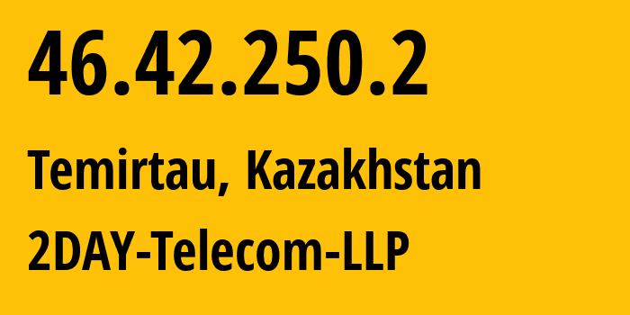 IP address 46.42.250.2 (Temirtau, Karaganda, Kazakhstan) get location, coordinates on map, ISP provider AS21299 2DAY-Telecom-LLP // who is provider of ip address 46.42.250.2, whose IP address