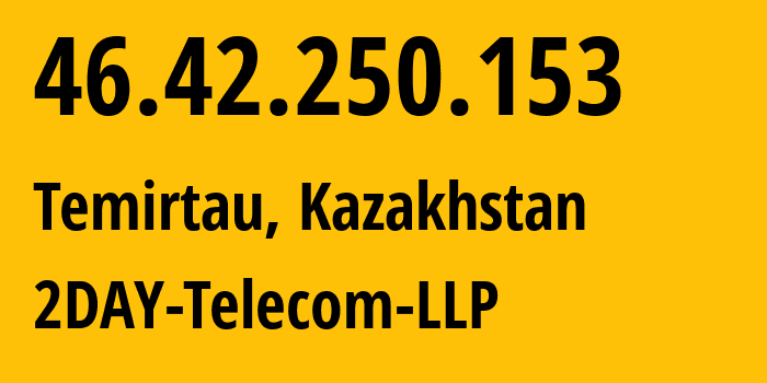 IP-адрес 46.42.250.153 (Темиртау, Karagandinskaya Oblast, Казахстан) определить местоположение, координаты на карте, ISP провайдер AS21299 2DAY-Telecom-LLP // кто провайдер айпи-адреса 46.42.250.153