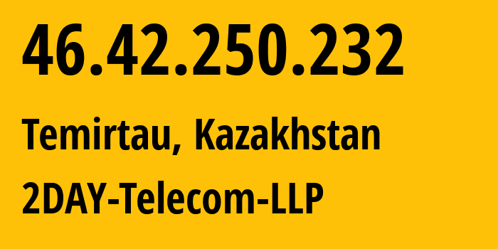 IP address 46.42.250.232 (Temirtau, Karaganda, Kazakhstan) get location, coordinates on map, ISP provider AS21299 2DAY-Telecom-LLP // who is provider of ip address 46.42.250.232, whose IP address