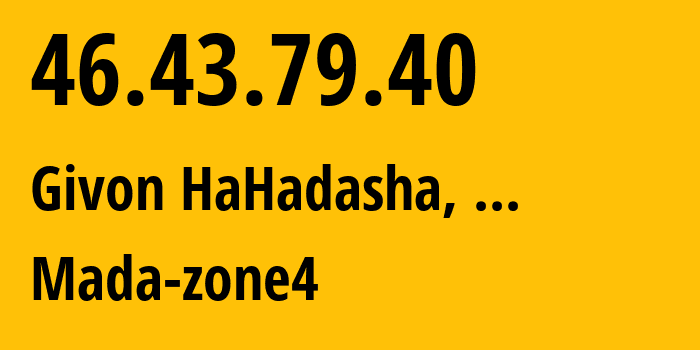 IP address 46.43.79.40 (Givon HaHadasha, Judea and Samaria Area, ...) get location, coordinates on map, ISP provider AS51407 Mada-zone4 // who is provider of ip address 46.43.79.40, whose IP address