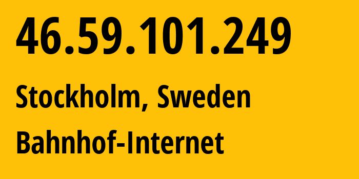 IP address 46.59.101.249 (Stockholm, Stockholm County, Sweden) get location, coordinates on map, ISP provider AS8473 Bahnhof-Internet // who is provider of ip address 46.59.101.249, whose IP address