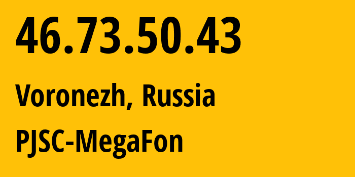 IP address 46.73.50.43 (Voronezh, Voronezh Oblast, Russia) get location, coordinates on map, ISP provider AS12714 PJSC-MegaFon // who is provider of ip address 46.73.50.43, whose IP address
