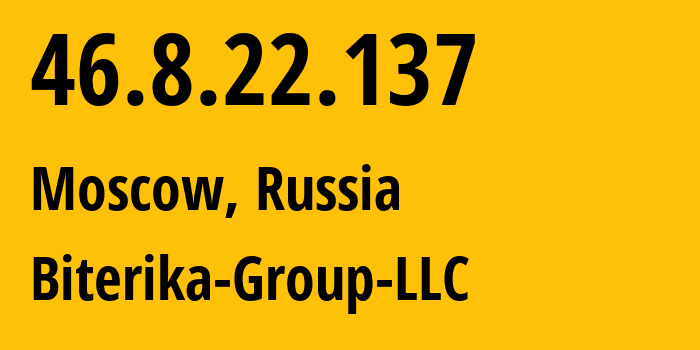 IP address 46.8.22.137 (Moscow, Moscow, Russia) get location, coordinates on map, ISP provider AS35048 Biterika-Group-LLC // who is provider of ip address 46.8.22.137, whose IP address