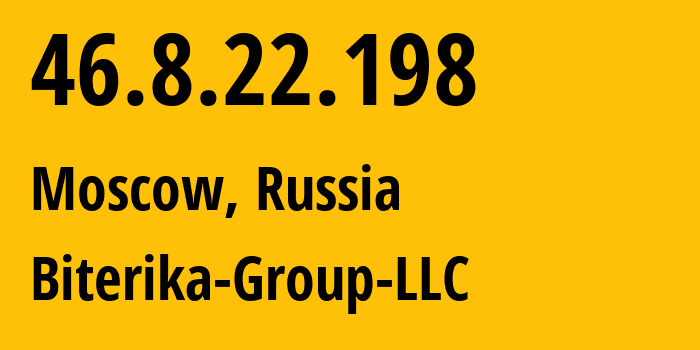 IP address 46.8.22.198 (Moscow, Moscow, Russia) get location, coordinates on map, ISP provider AS35048 Biterika-Group-LLC // who is provider of ip address 46.8.22.198, whose IP address