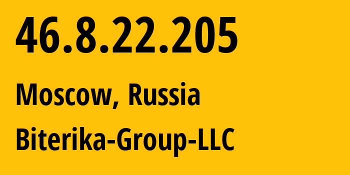 IP address 46.8.22.205 (Moscow, Moscow, Russia) get location, coordinates on map, ISP provider AS35048 Biterika-Group-LLC // who is provider of ip address 46.8.22.205, whose IP address