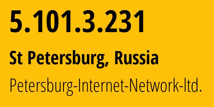 IP address 5.101.3.231 (St Petersburg, St.-Petersburg, Russia) get location, coordinates on map, ISP provider AS34665 Petersburg-Internet-Network-ltd. // who is provider of ip address 5.101.3.231, whose IP address