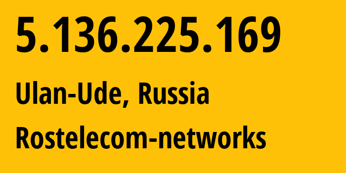 IP address 5.136.225.169 (Ulan-Ude, Buryatiya Republic, Russia) get location, coordinates on map, ISP provider AS12389 Rostelecom-networks // who is provider of ip address 5.136.225.169, whose IP address
