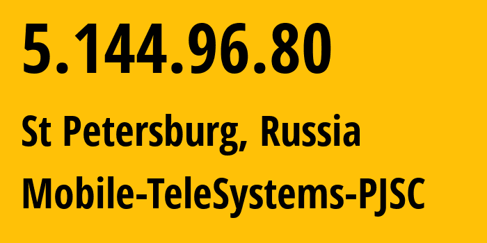 IP-адрес 5.144.96.80 (Санкт-Петербург, Санкт-Петербург, Россия) определить местоположение, координаты на карте, ISP провайдер AS8359 Mobile-TeleSystems-PJSC // кто провайдер айпи-адреса 5.144.96.80