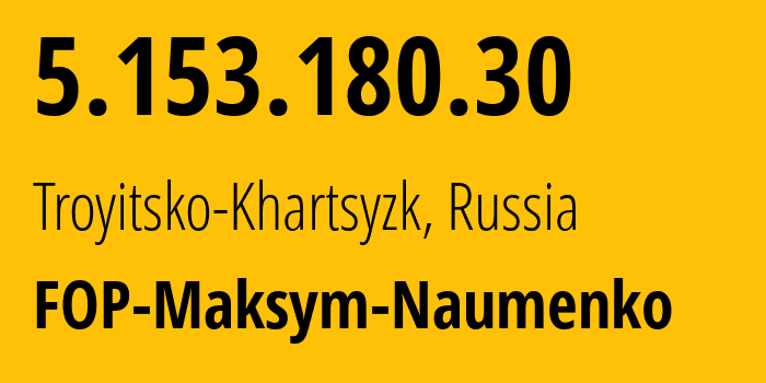 IP address 5.153.180.30 (Troyitsko-Khartsyzk, Donetsk Peoples Republic, Russia) get location, coordinates on map, ISP provider AS8274 FOP-Maksym-Naumenko // who is provider of ip address 5.153.180.30, whose IP address
