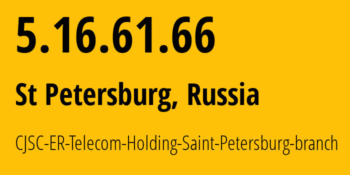 IP address 5.16.61.66 (St Petersburg, St.-Petersburg, Russia) get location, coordinates on map, ISP provider AS51570 CJSC-ER-Telecom-Holding-Saint-Petersburg-branch // who is provider of ip address 5.16.61.66, whose IP address