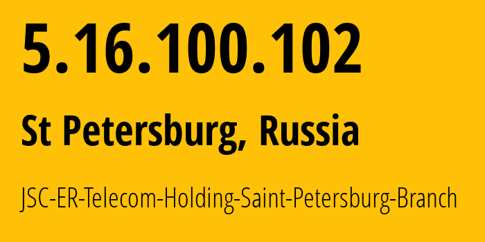 IP-адрес 5.16.100.102 (Санкт-Петербург, Санкт-Петербург, Россия) определить местоположение, координаты на карте, ISP провайдер AS51570 JSC-ER-Telecom-Holding-Saint-Petersburg-Branch // кто провайдер айпи-адреса 5.16.100.102