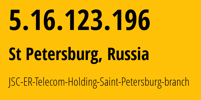 IP address 5.16.123.196 (St Petersburg, St.-Petersburg, Russia) get location, coordinates on map, ISP provider AS51570 JSC-ER-Telecom-Holding-Saint-Petersburg-branch // who is provider of ip address 5.16.123.196, whose IP address