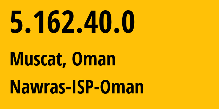 IP address 5.162.40.0 (Muscat, Muscat, Oman) get location, coordinates on map, ISP provider AS50010 Nawras-ISP-Oman // who is provider of ip address 5.162.40.0, whose IP address