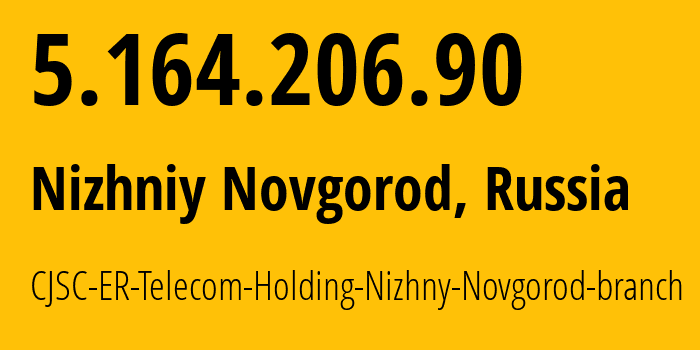 IP address 5.164.206.90 (Nizhniy Novgorod, Nizhny Novgorod Oblast, Russia) get location, coordinates on map, ISP provider AS42682 CJSC-ER-Telecom-Holding-Nizhny-Novgorod-branch // who is provider of ip address 5.164.206.90, whose IP address