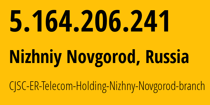 IP-адрес 5.164.206.241 (Нижний Новгород, Нижегородская Область, Россия) определить местоположение, координаты на карте, ISP провайдер AS42682 CJSC-ER-Telecom-Holding-Nizhny-Novgorod-branch // кто провайдер айпи-адреса 5.164.206.241