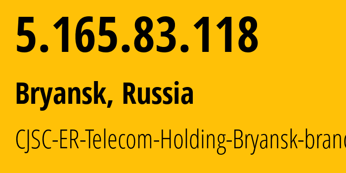 IP address 5.165.83.118 (Bryansk, Bryansk Oblast, Russia) get location, coordinates on map, ISP provider AS57044 CJSC-ER-Telecom-Holding-Bryansk-branch // who is provider of ip address 5.165.83.118, whose IP address