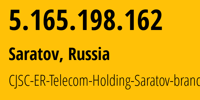 IP-адрес 5.165.198.162 (Саратов, Саратовская Область, Россия) определить местоположение, координаты на карте, ISP провайдер AS50543 CJSC-ER-Telecom-Holding-Saratov-branch // кто провайдер айпи-адреса 5.165.198.162