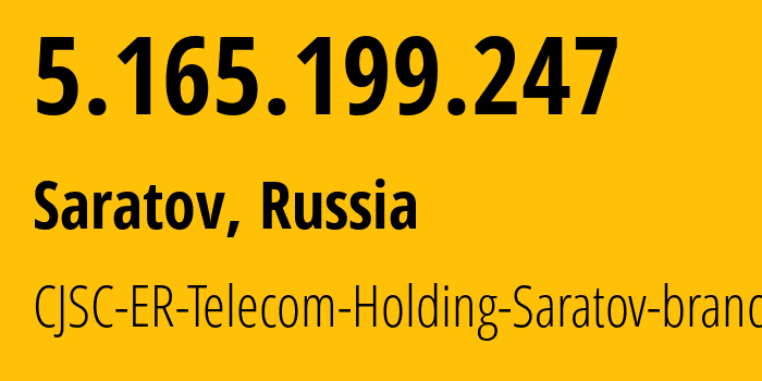 IP address 5.165.199.247 (Saratov, Saratov Oblast, Russia) get location, coordinates on map, ISP provider AS50543 CJSC-ER-Telecom-Holding-Saratov-branch // who is provider of ip address 5.165.199.247, whose IP address