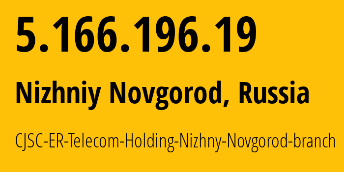 IP address 5.166.196.19 (Nizhniy Novgorod, Nizhny Novgorod Oblast, Russia) get location, coordinates on map, ISP provider AS42682 CJSC-ER-Telecom-Holding-Nizhny-Novgorod-branch // who is provider of ip address 5.166.196.19, whose IP address