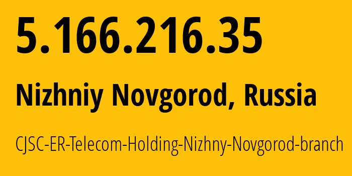 IP address 5.166.216.35 (Nizhniy Novgorod, Nizhny Novgorod Oblast, Russia) get location, coordinates on map, ISP provider AS42682 CJSC-ER-Telecom-Holding-Nizhny-Novgorod-branch // who is provider of ip address 5.166.216.35, whose IP address