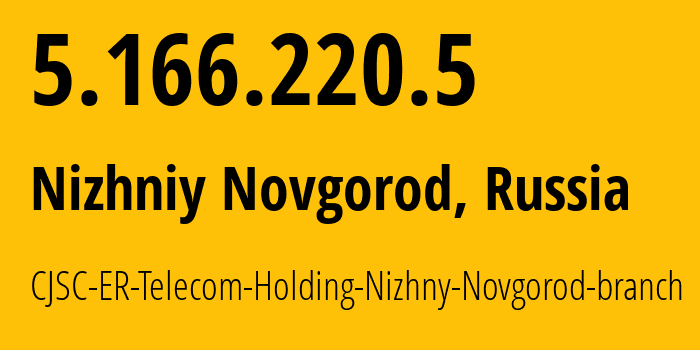 IP-адрес 5.166.220.5 (Нижний Новгород, Нижегородская Область, Россия) определить местоположение, координаты на карте, ISP провайдер AS42682 CJSC-ER-Telecom-Holding-Nizhny-Novgorod-branch // кто провайдер айпи-адреса 5.166.220.5