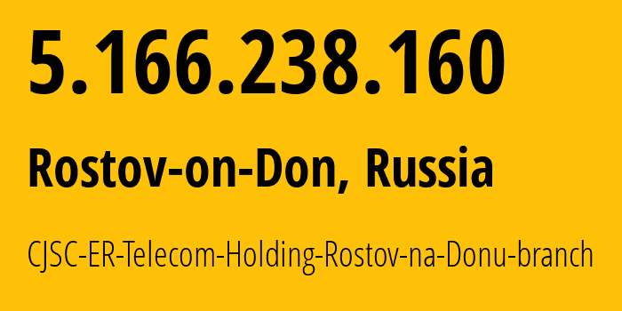 IP-адрес 5.166.238.160 (Ростов-на-Дону, Ростовская Область, Россия) определить местоположение, координаты на карте, ISP провайдер AS57378 CJSC-ER-Telecom-Holding-Rostov-na-Donu-branch // кто провайдер айпи-адреса 5.166.238.160