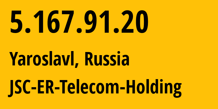 IP-адрес 5.167.91.20 (Ярославль, Ярославская Область, Россия) определить местоположение, координаты на карте, ISP провайдер AS51819 JSC-ER-Telecom-Holding // кто провайдер айпи-адреса 5.167.91.20