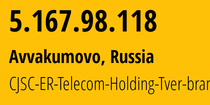 IP-адрес 5.167.98.118 (Аввакумово, Тверская Область, Россия) определить местоположение, координаты на карте, ISP провайдер AS49048 CJSC-ER-Telecom-Holding-Tver-branch // кто провайдер айпи-адреса 5.167.98.118