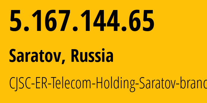 IP-адрес 5.167.144.65 (Саратов, Саратовская Область, Россия) определить местоположение, координаты на карте, ISP провайдер AS50543 CJSC-ER-Telecom-Holding-Saratov-branch // кто провайдер айпи-адреса 5.167.144.65