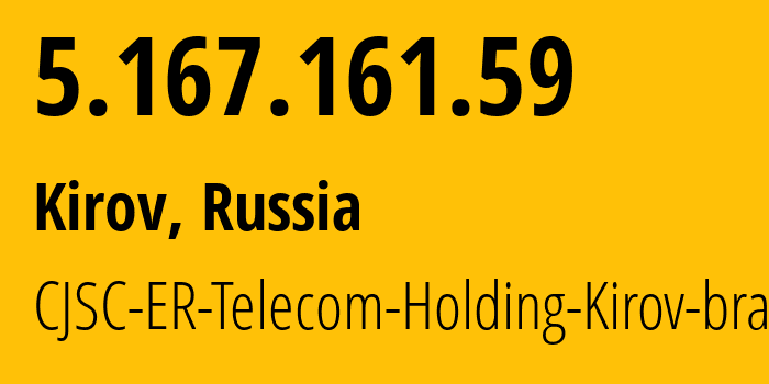 IP-адрес 5.167.161.59 (Киров, Калужская Область, Россия) определить местоположение, координаты на карте, ISP провайдер AS41727 CJSC-ER-Telecom-Holding-Kirov-branch // кто провайдер айпи-адреса 5.167.161.59