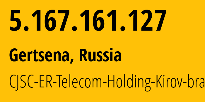 IP-адрес 5.167.161.127 (Герцена, Новгородская Область, Россия) определить местоположение, координаты на карте, ISP провайдер AS41727 CJSC-ER-Telecom-Holding-Kirov-branch // кто провайдер айпи-адреса 5.167.161.127