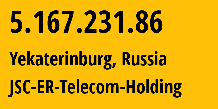 IP-адрес 5.167.231.86 (Екатеринбург, Свердловская Область, Россия) определить местоположение, координаты на карте, ISP провайдер AS51604 JSC-ER-Telecom-Holding // кто провайдер айпи-адреса 5.167.231.86