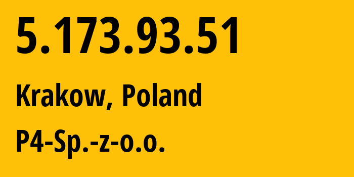 IP-адрес 5.173.93.51 (Краков, Малопольское воеводство, Польша) определить местоположение, координаты на карте, ISP провайдер AS39603 P4-Sp.-z-o.o. // кто провайдер айпи-адреса 5.173.93.51