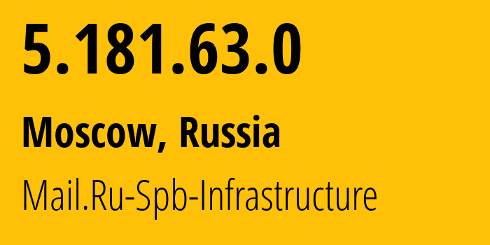 IP address 5.181.63.0 (Moscow, Moscow, Russia) get location, coordinates on map, ISP provider AS207970 Mail.Ru-Spb-Infrastructure // who is provider of ip address 5.181.63.0, whose IP address