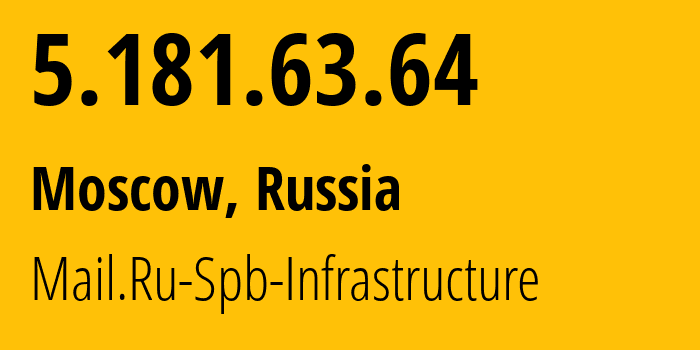 IP address 5.181.63.64 (Moscow, Moscow, Russia) get location, coordinates on map, ISP provider AS207970 Mail.Ru-Spb-Infrastructure // who is provider of ip address 5.181.63.64, whose IP address