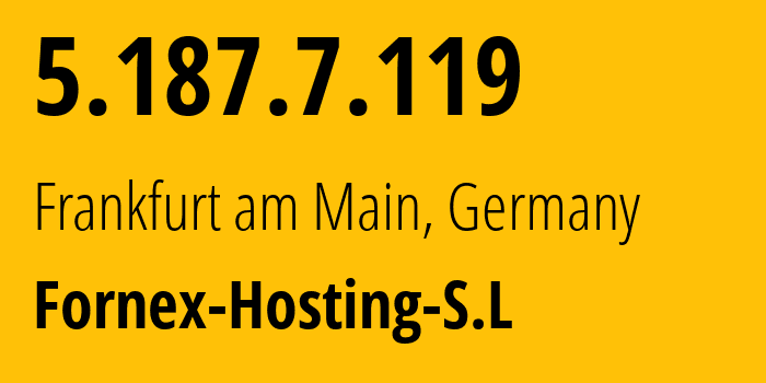 IP-адрес 5.187.7.119 (Франкфурт, Гессен, Германия) определить местоположение, координаты на карте, ISP провайдер AS44051 Fornex-Hosting-S.L // кто провайдер айпи-адреса 5.187.7.119