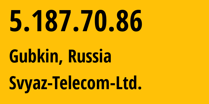 IP-адрес 5.187.70.86 (Губкин, Белгородская Область, Россия) определить местоположение, координаты на карте, ISP провайдер AS44604 Svyaz-Telecom-Ltd. // кто провайдер айпи-адреса 5.187.70.86